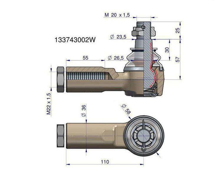 Przegub kierowniczy STEYR 110mm M22x1,5 133743002 WARYŃSKI