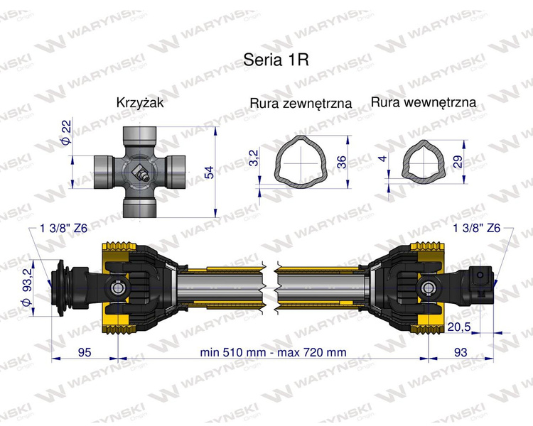 Wał przegubowo-teleskopowy 510-720mm 210Nm 10210 CE seria 1R WARYŃSKI WA21-51