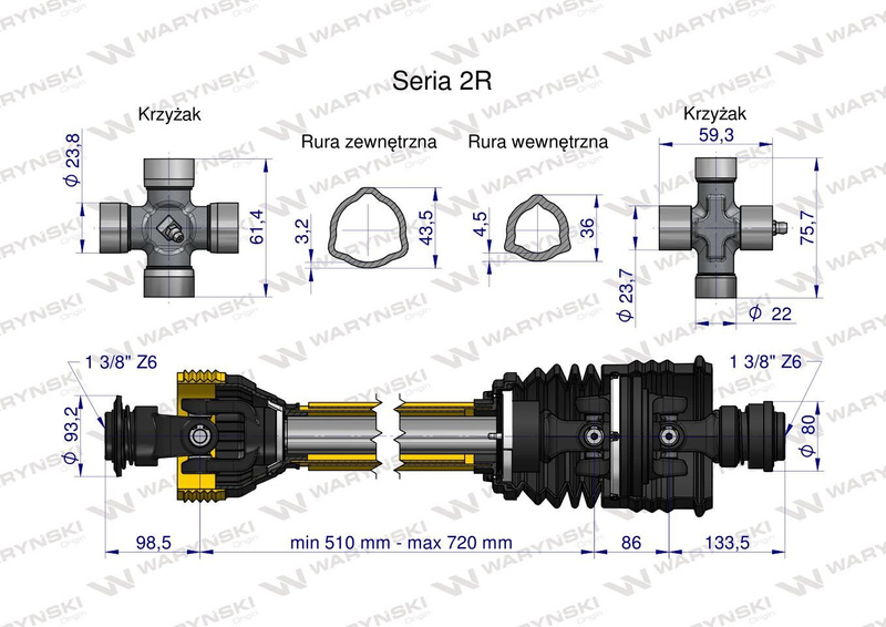 Wał przegubowo-teleskopowy 510-720mm 270Nm szerokokątny CE seria 2R WARYŃSKI