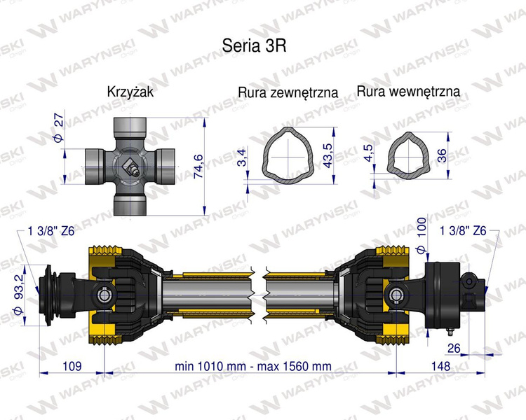 Wał przegubowo-teleskopowy 1010-1560mm 460Nm sprzęgło jednokierunkowe CE WARYŃSKI