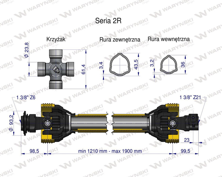 Wał przegubowo-teleskopowy 1210-1900mm 270Nm widłak Z21 od maszyny CE seria 2R WARYŃSKI