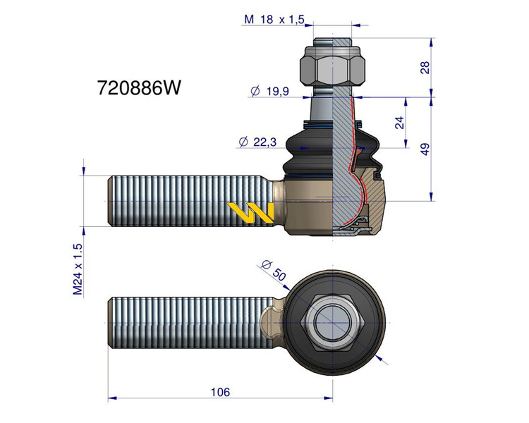 Przegub kierowniczy prawy M24x1.5 3010502 Valmet WARYŃSKI