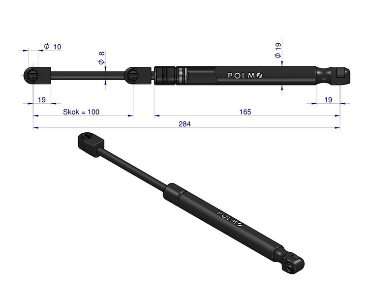 siłownik amortyzator gazowy A=284 B=146 F=200N skok 100, POLMO AL71413