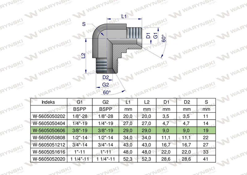 Kolanko hydrauliczne calowe BB 3/8" BSP (XW) Waryński