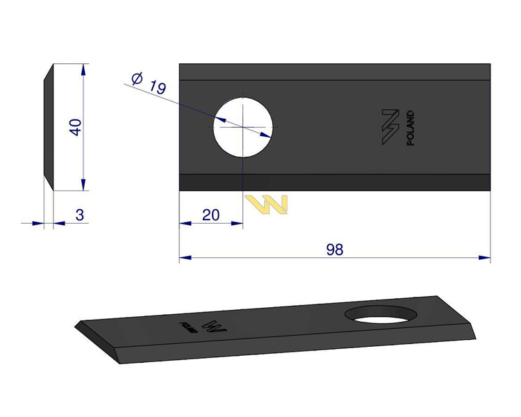 Nóż. nożyk kosiarka 98X40X3mm otwór 19 58029045 BCS WARYŃSKI