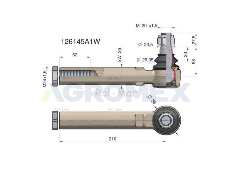 Przegub kierowniczy 207mm M24x1.5 126145A1 Case WARYŃSKI