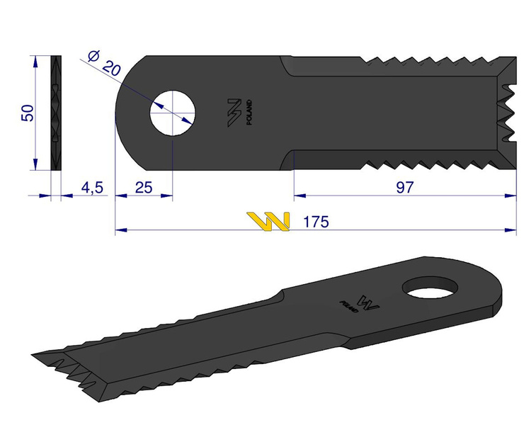 Nóż obrotowy słomy sieczkarnia 175x50x4.5mm otwór 20 HF44443 52900027 New Holland WARYŃSKI