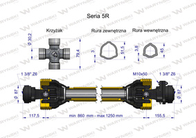 Wał przegubowo-teleskopowy 860-1250mm 620Nm sprzęgło z kołkiem 2200Nm 60960 CE 2020 seria 5R WARYŃSKI 