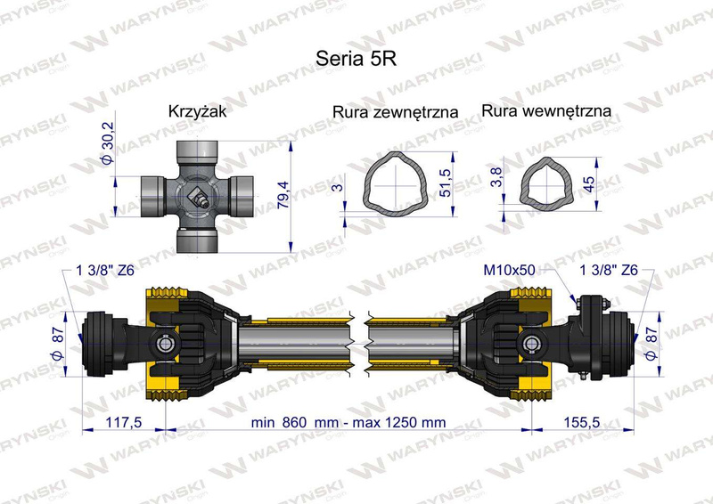 Wał przegubowo teleskopowy (sprzęgło z kołkiem) 860-1250mm 620 Nm 60960 CE seria 5 WARYŃSKI