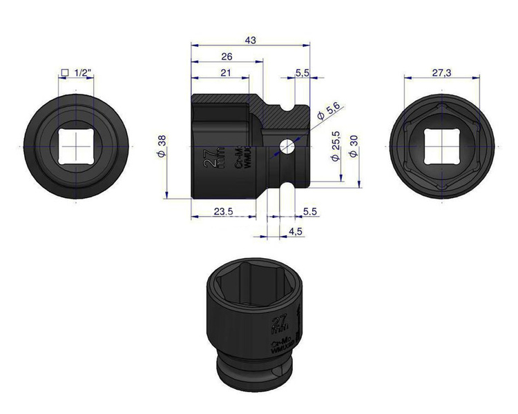 Nasadka udarowa sześciokątna 1/2" 27 mm Waryński