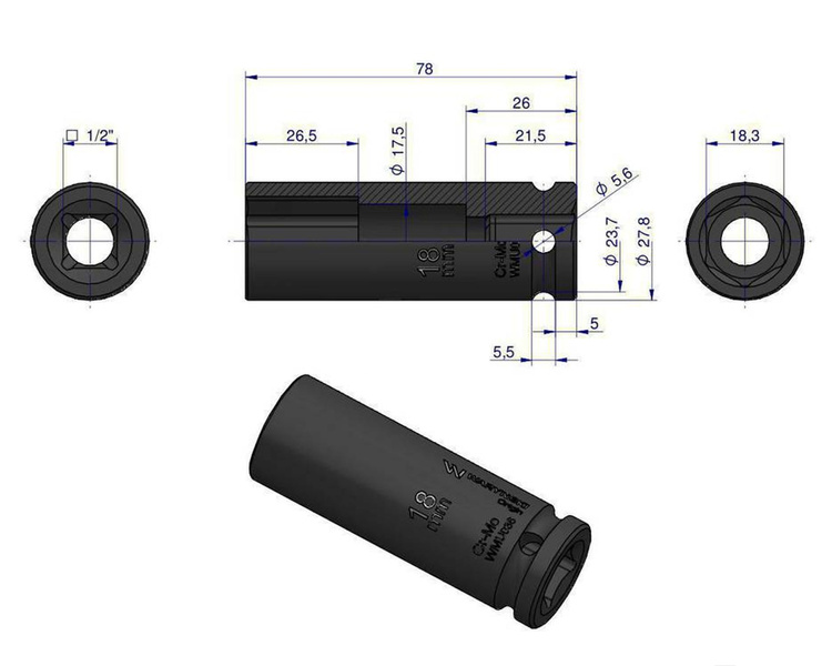 Nasadka udarowa sześciokątna długa 1/2" 18 mm Waryński