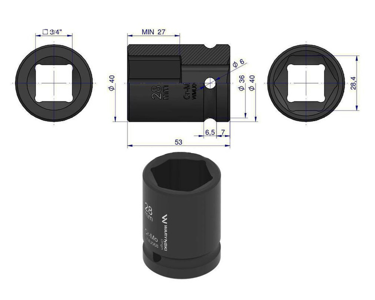 Nasadka udarowa sześciokątna 3/4" 28 mm Waryński