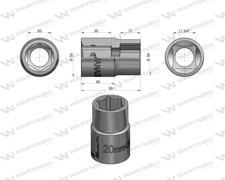 Nasadka sześciokątna 3/4" 20 mm. DIN 3124. Waryński