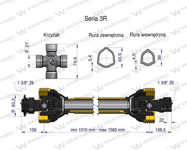 Wał przegubowo-teleskopowy 1010-1560mm 460Nm 50270 CE seria 3R WARYŃSKI WA46-101