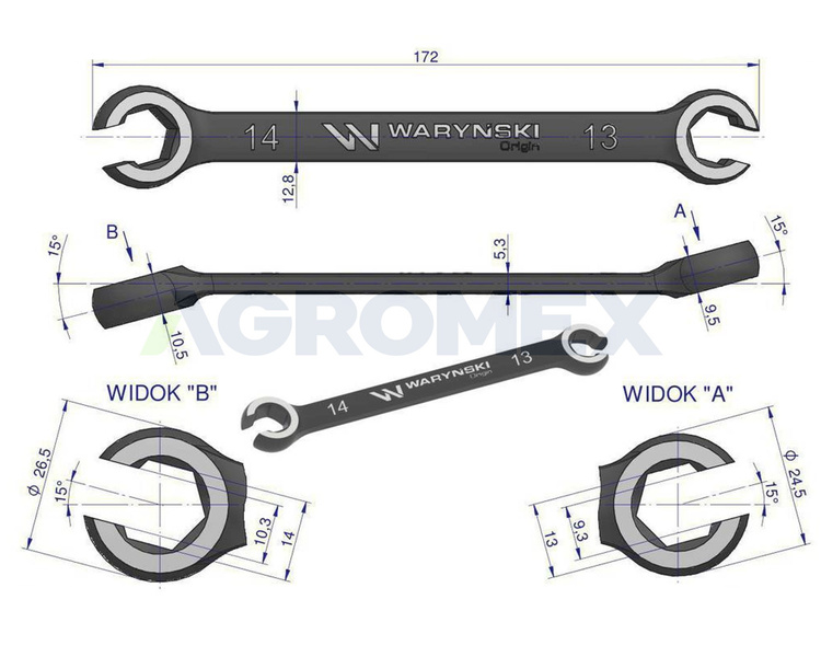 Klucz płasko oczkowy otwarty 13 x 14 mm Waryński