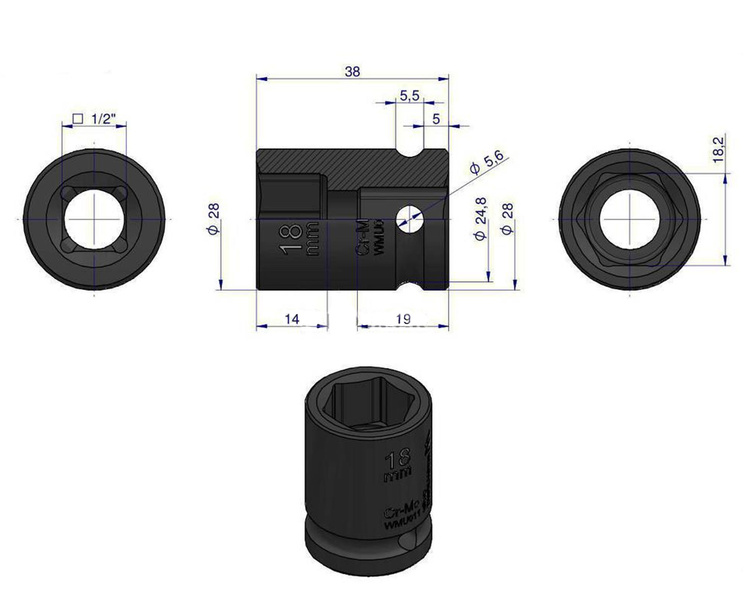 Nasadka udarowa sześciokątna 1/2" 18 mm Waryński