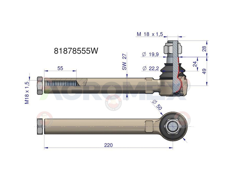 Przegub kierowniczy 220mm - M18x1.5 81878555 New Holland WARYŃSKI