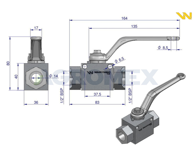 Zawór kulowy hydrauliczny 2-drogowy 2/2 - 1/2''BSP 500 bar Waryński