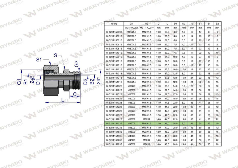 Złączka hydrauliczna metryczna AB (XKOR) A-M45x2 35L / B-M16x1.5 10L Waryński