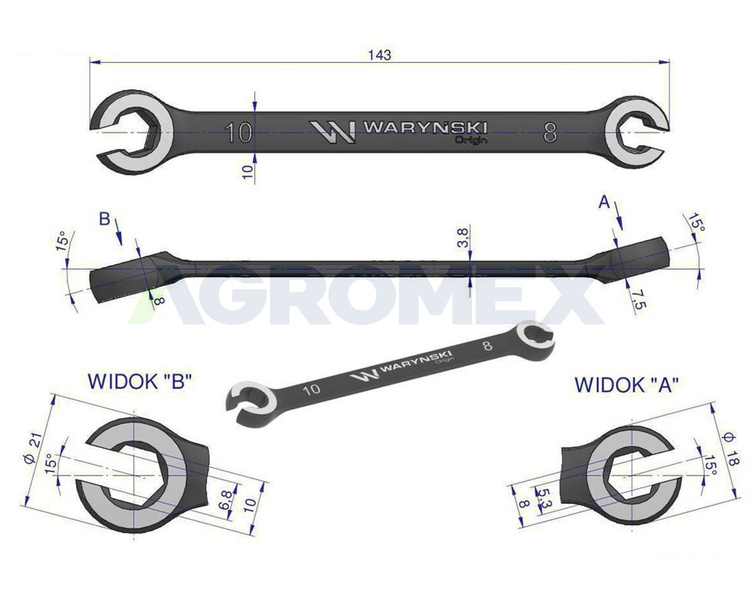 Klucz płasko oczkowy otwarty 8 x 10 mm Waryński