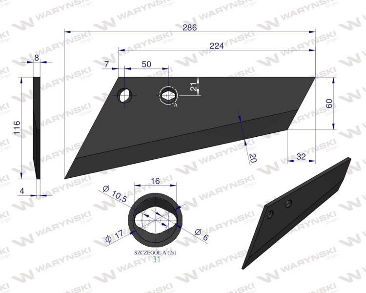 Lemiesz agregatu podorywkowego lewy 260mm 925371 Gruber typ