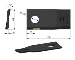Nóż. nożyk kosiarka prawy 106x48x4mm otwór 19 122330 Fella WARYŃSKI