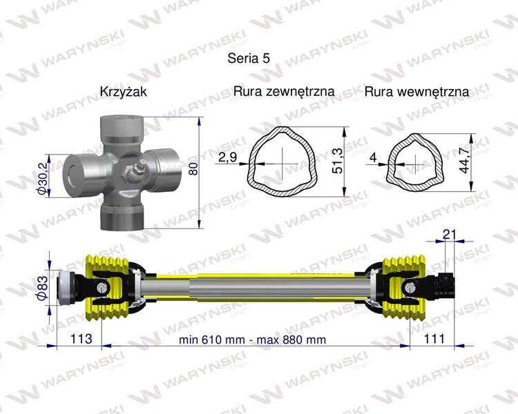 Wał przegubowo-teleskopowy 610-880mm 620Nm 60230 CE seria 5 WARYŃSKI