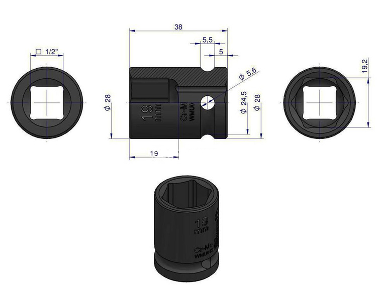 Nasadka udarowa sześciokątna 1/2" 19 mm Waryński