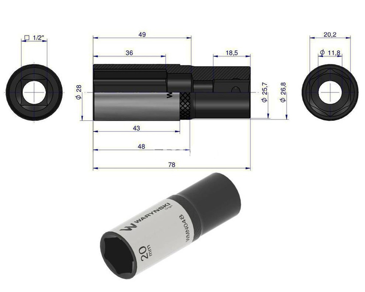 Nasadka sześciokątna 1/2" 20 mm długa Waryński