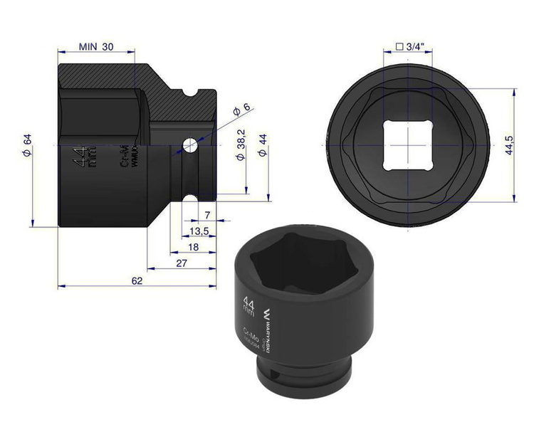 Nasadka udarowa sześciokątna 3/4" 44 mm Waryński