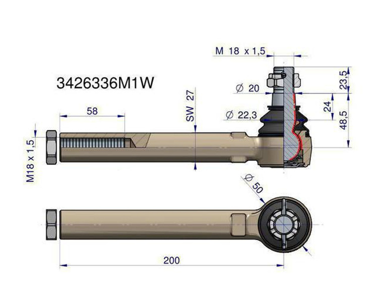 Przegub kierowniczy 200mm M18x1,5 3426336M1 LANDINI WARYŃSKI